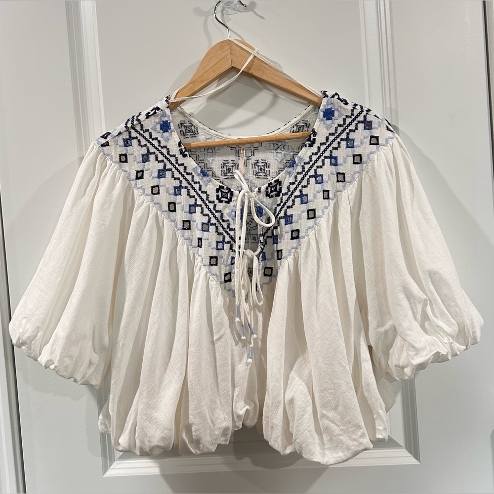 Free People Ivory Blouse with Navy Embroidery - Picture 2 of 11